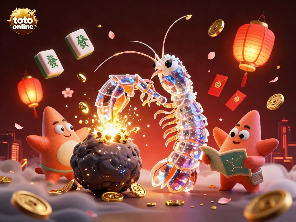 Experience the action of toto online with vibrant imagery of cartoon samurai mantis shrimp breaking through asteroids and collecting treasures.