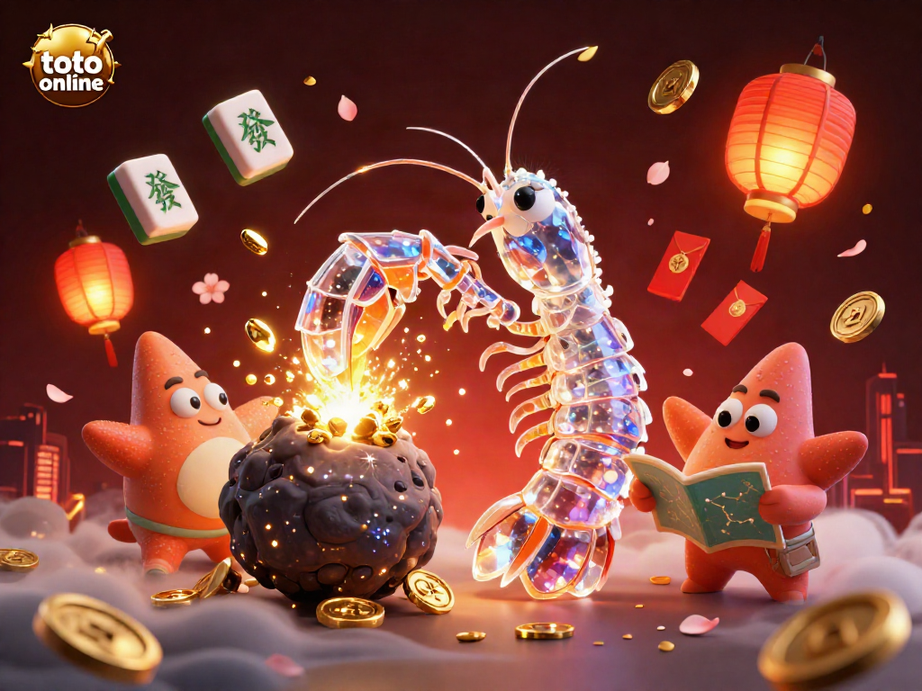 Experience the action of toto online with vibrant imagery of cartoon samurai mantis shrimp breaking through asteroids and collecting treasures.