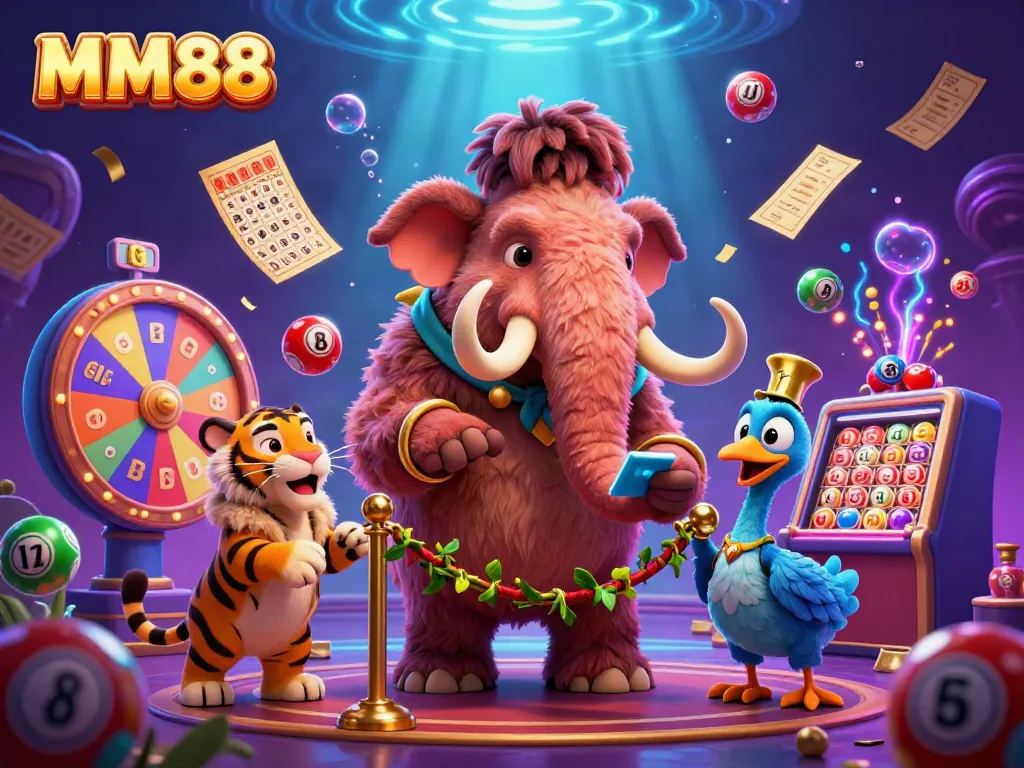 Enjoy the vibrant MM88 casino scene with a woolly mammoth bouncer and dynamic lottery elements.