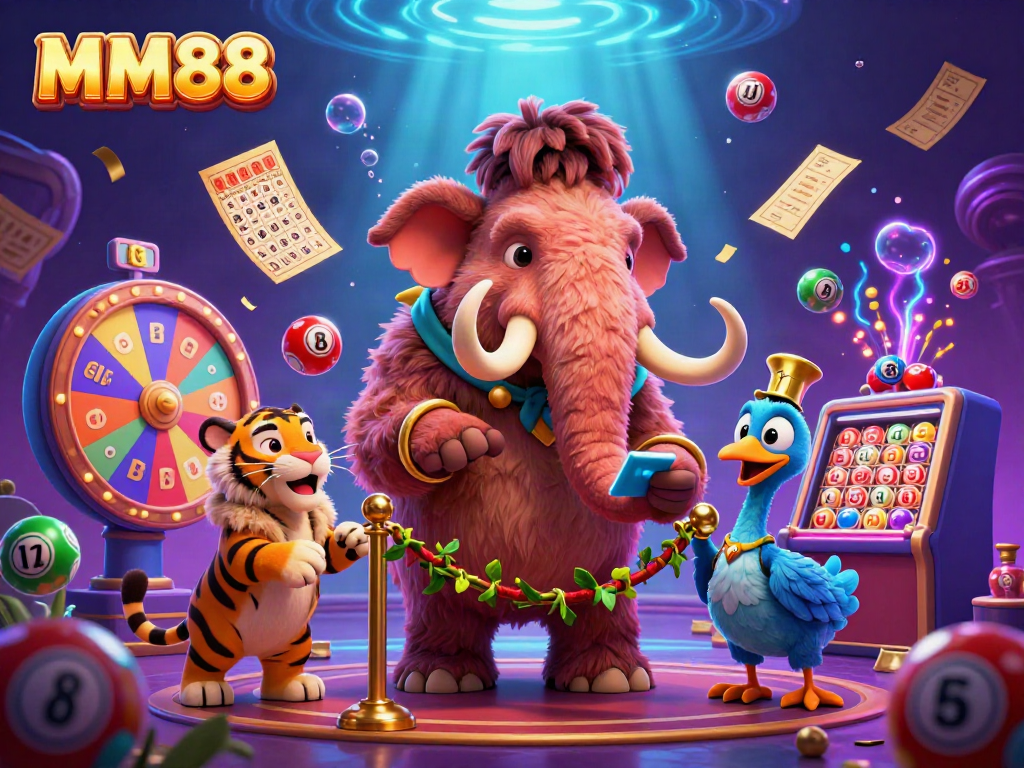 Enjoy the vibrant MM88 casino scene with a woolly mammoth bouncer and dynamic lottery elements.