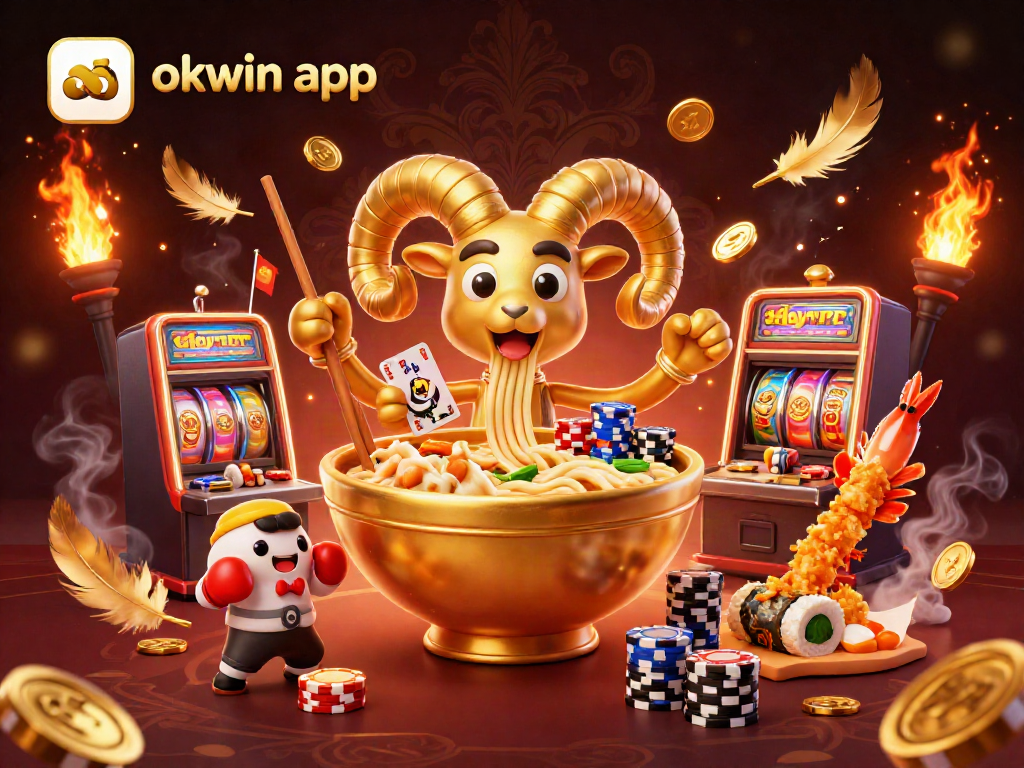 Engage with the vibrant world of okwin app through this colorful 3D casino illustration featuring a giant ramen bowl dealer.