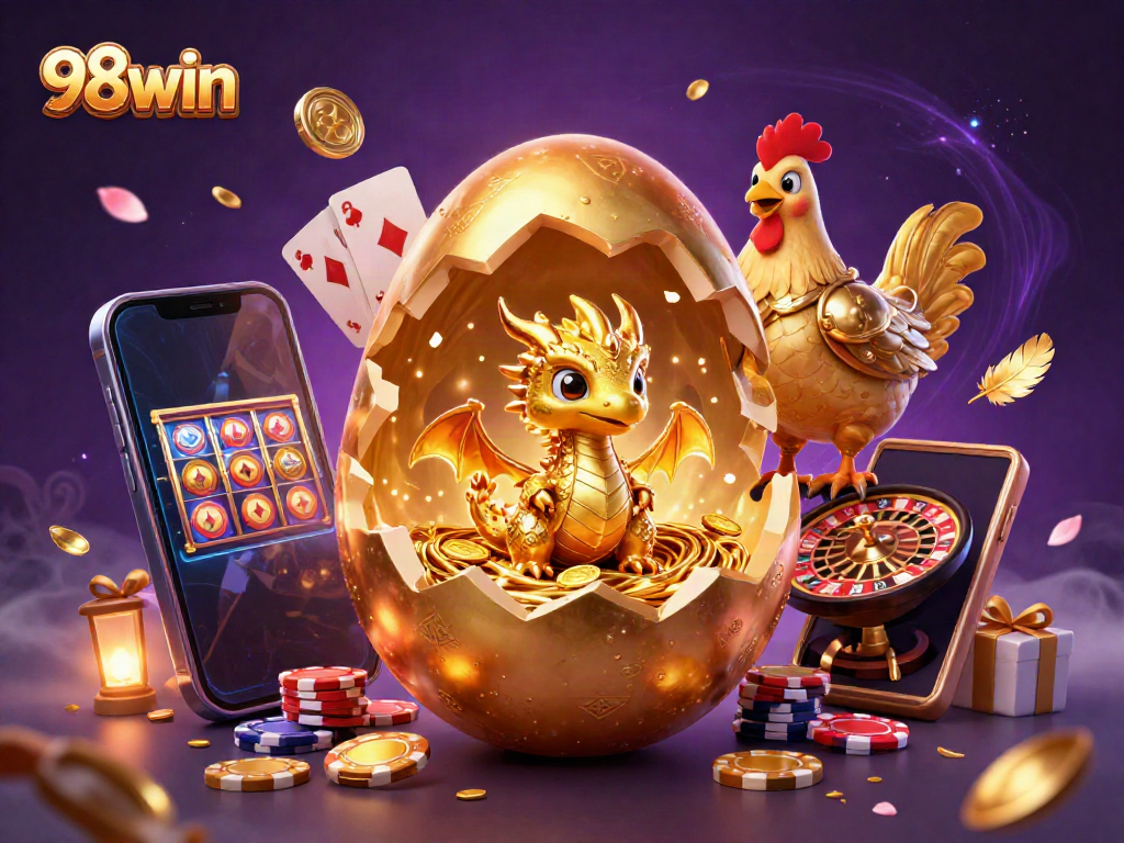 Experience thrilling wins with 98win's golden rewards and vibrant gaming elements in a lavish casino setting.