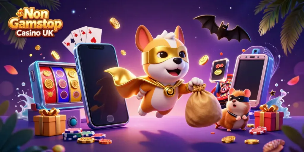 Exciting scene featuring a superhero dog and hamster promoting Non Gamstop Casino UK with colorful casino elements.