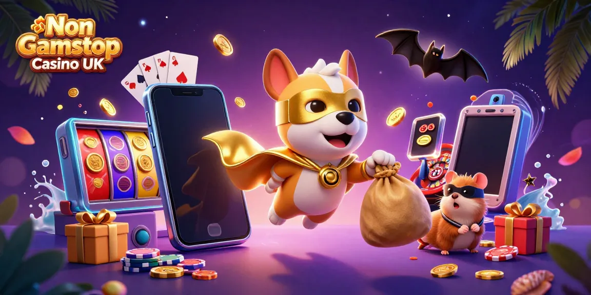 Exciting scene featuring a superhero dog and hamster promoting Non Gamstop Casino UK with colorful casino elements.