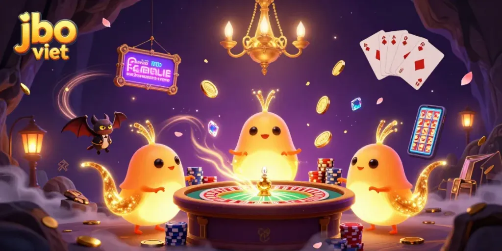 Experience the vibrant jbo viet cave casino, with glowing characters and thrilling game elements.