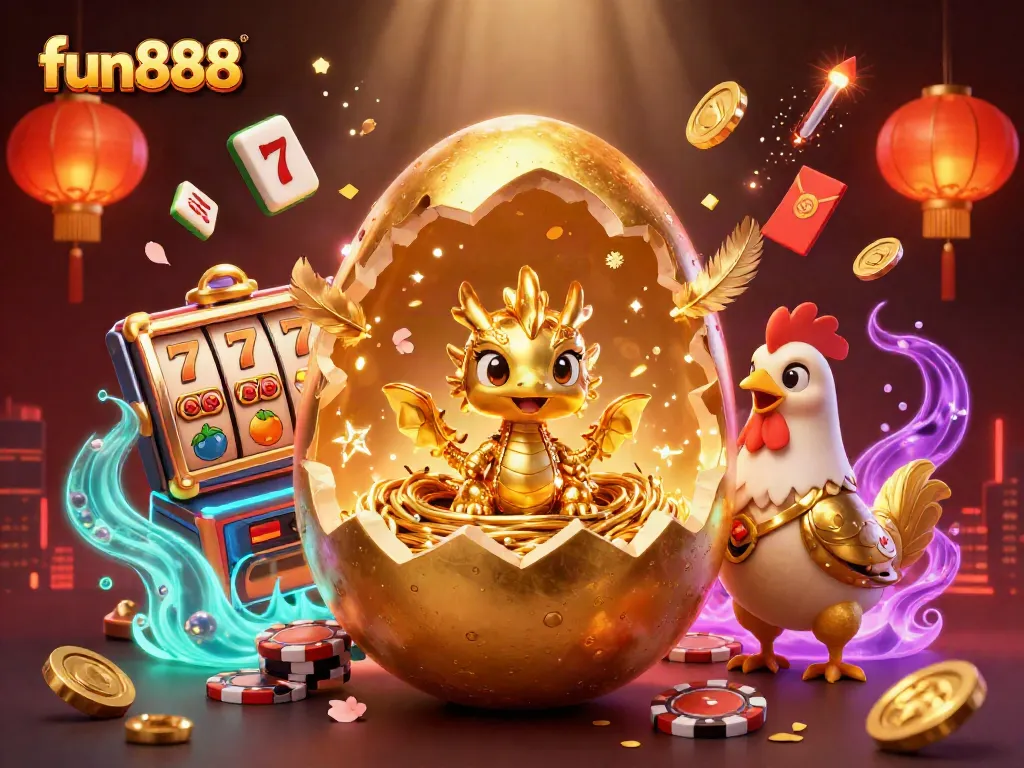 Experience fun888 excitement with a golden dragon and poker chips in this vibrant casino scene.