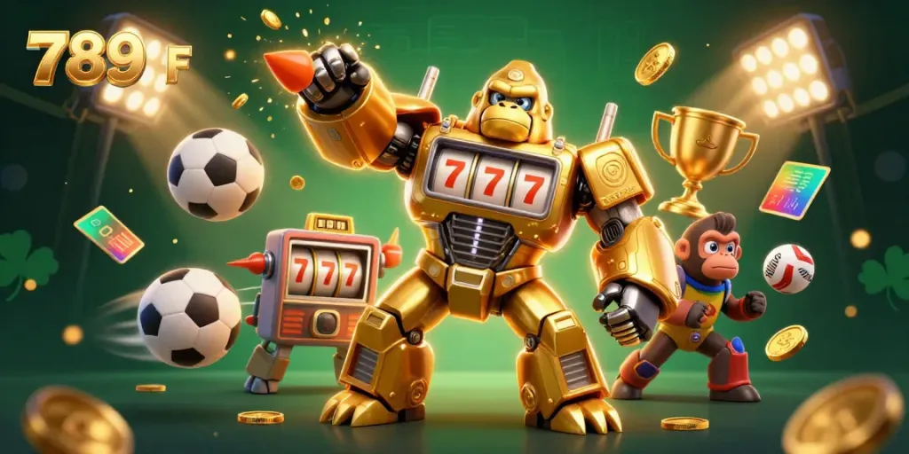 Engage in thrilling gameplay with 789 F featuring a golden gorilla mech and vibrant sports elements.