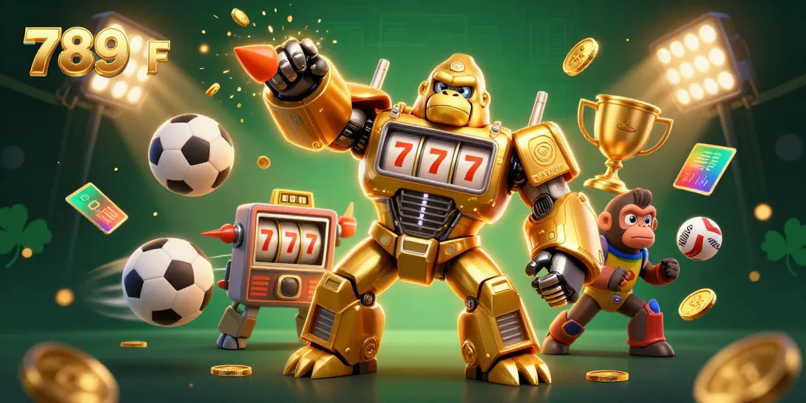 Engage in thrilling gameplay with 789 F featuring a golden gorilla mech and vibrant sports elements.