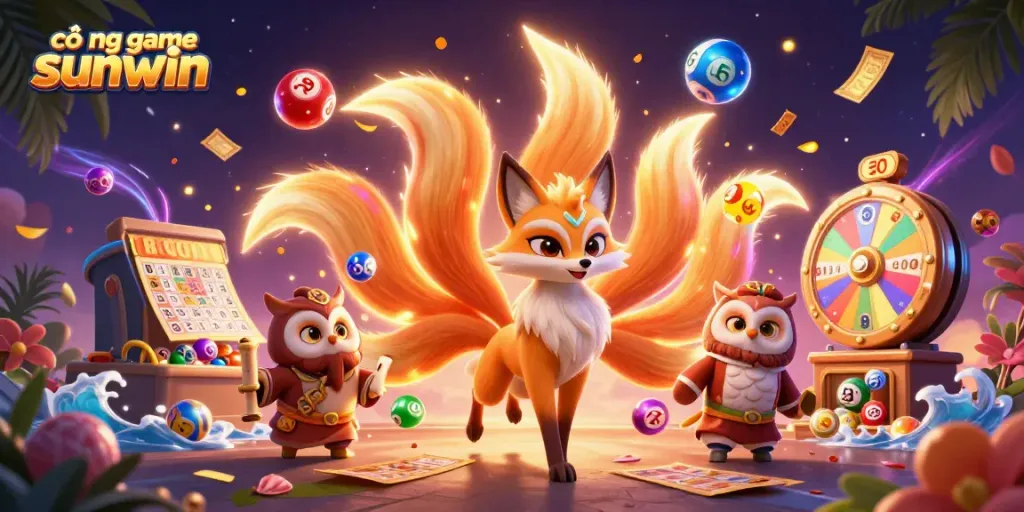 Experience the excitement at cổng game sunwin with colorful lottery balls and magical characters