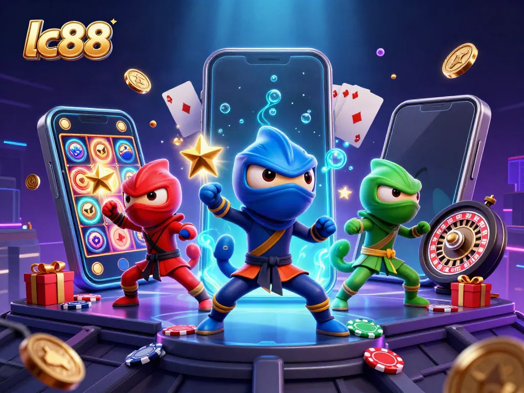 Winning with lc88: 3D ninjas in vibrant outfits capturing casino excitement.
