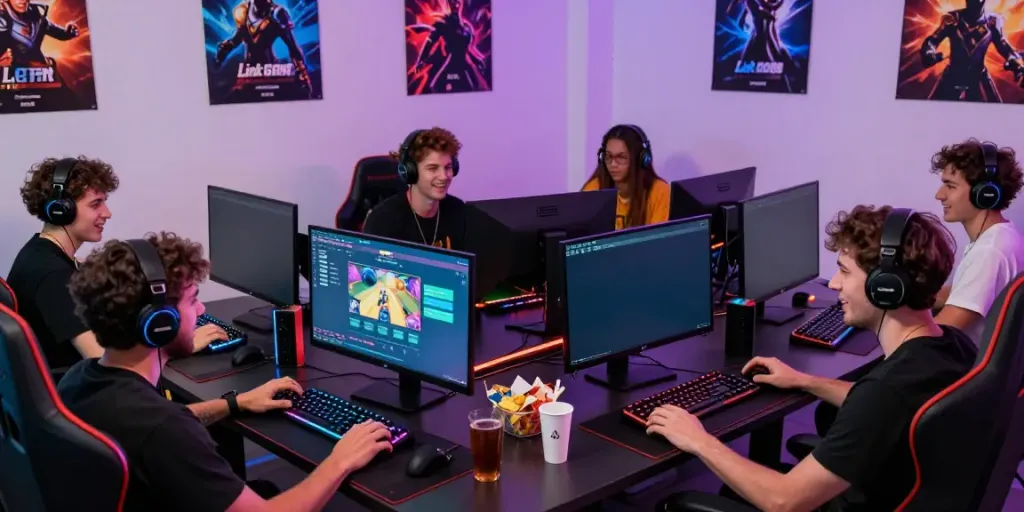 Friends enjoying a gaming session featuring Link GO88 games in a lively atmosphere with vibrant colors.