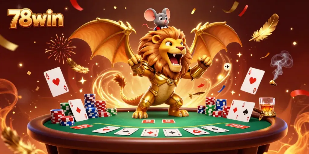 Engage in thrilling gameplay with 78win as the chimera creature roars over poker chips and cards.