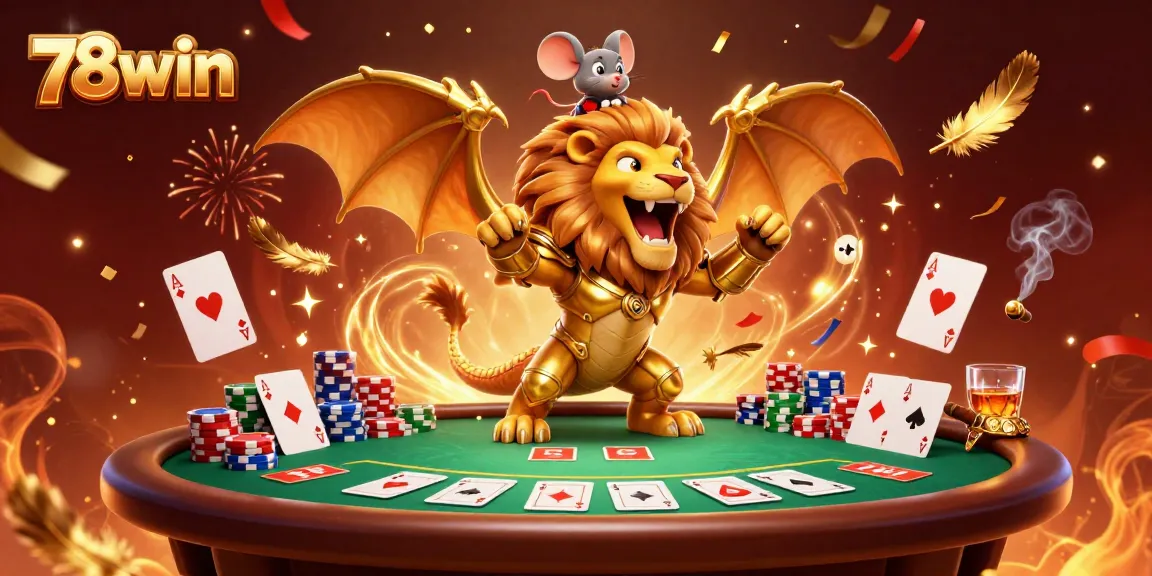 Engage in thrilling gameplay with 78win as the chimera creature roars over poker chips and cards.