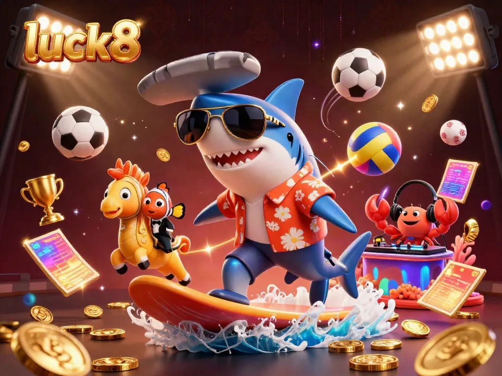 Find luck8 excitement while betting, with a shark and clownfish amidst a gold coin wave.
