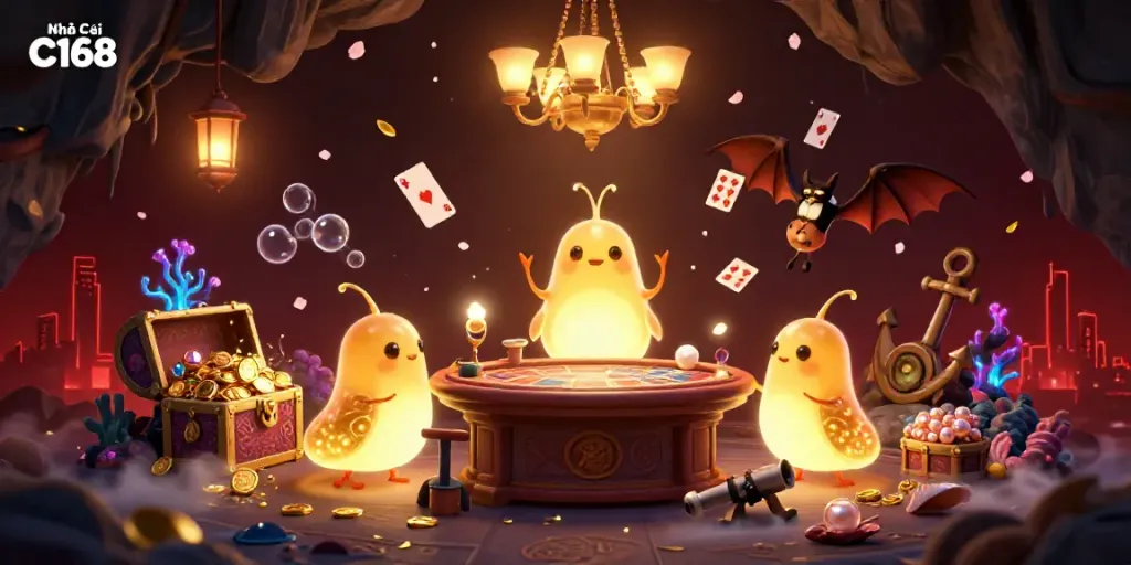 Experience exciting gameplay at Nhà Cái C168 with vibrant glowworms lighting up a casino atmosphere filled with gold riches.