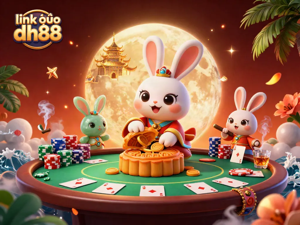 Link vào dh88 promotional illustration of a cartoon moon rabbit revealing poker chips with dynamic casino elements and rich details.