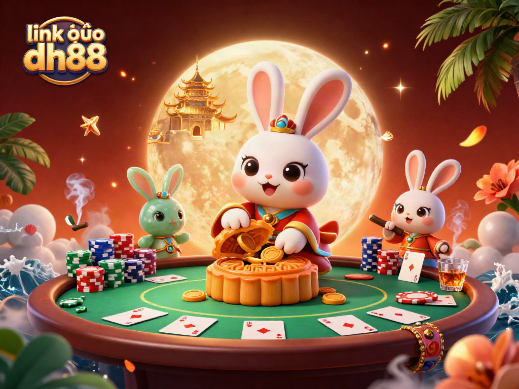 Link vào dh88 promotional illustration of a cartoon moon rabbit revealing poker chips with dynamic casino elements and rich details.