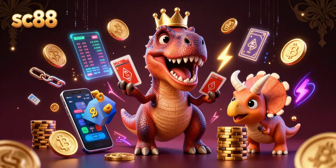 Engage in exciting gameplay with sc88 featuring cartoon dinosaurs shuffling cards and stacking chips.