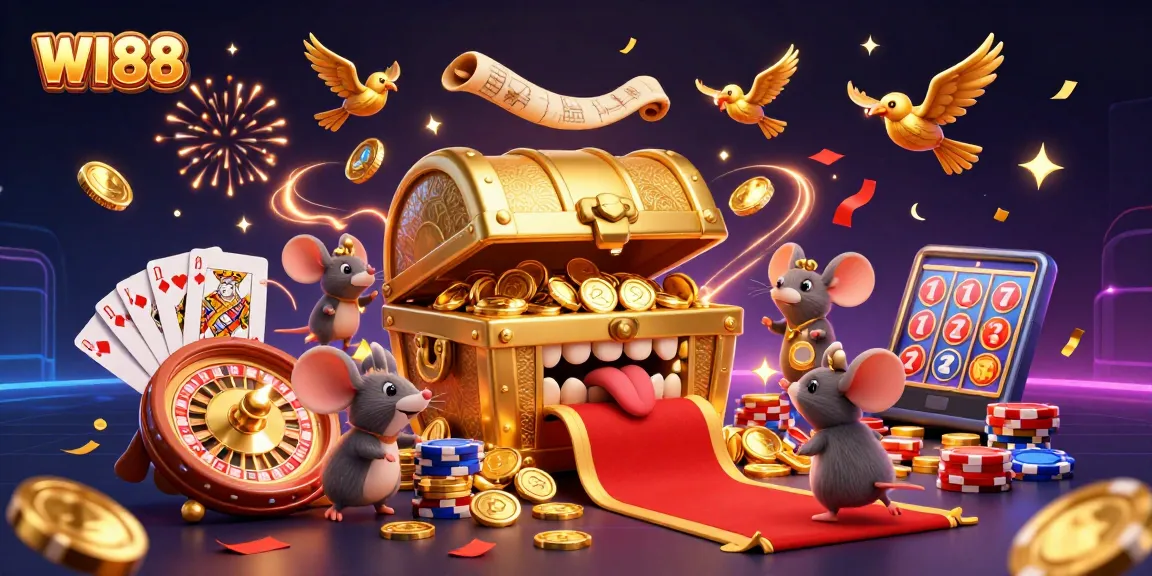 Experience the thrill of WI88 casino with dynamic treasure chest characters and vibrant game elements.