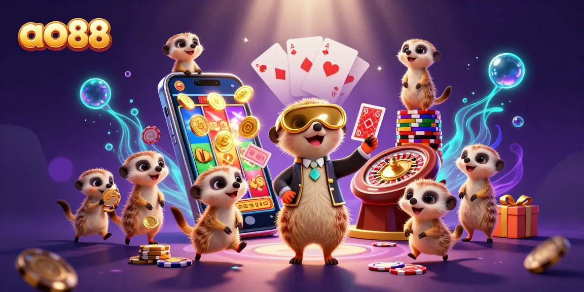 Experience the thrilling world of ao88 in a meerkat-run casino scene with vibrant gaming action.