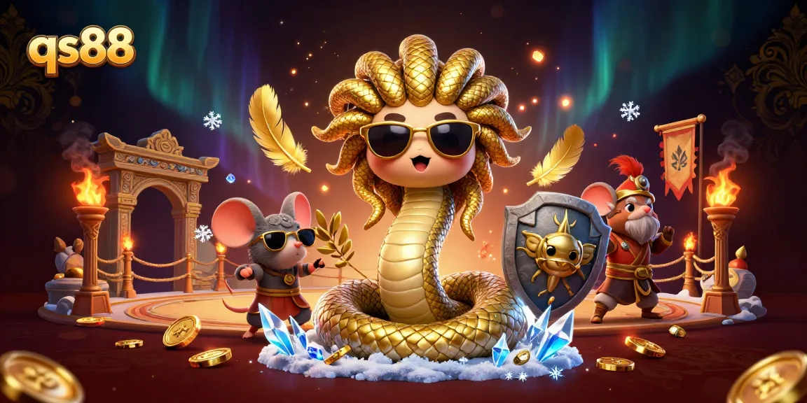 Experience the thrill of qs88 with Medusa and a warrior mouse in a vibrant casino scene.