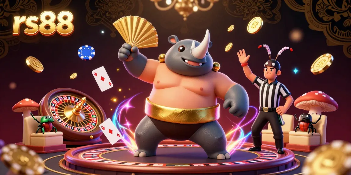 Experience thrilling action at rs88 with a lively 3D illustration featuring a rhinoceros beetle sumo champion and casino elements.