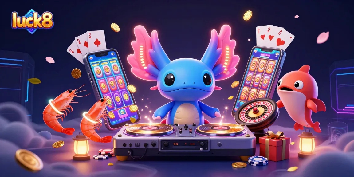 Engage with luck8's vibrant gaming scene featuring neon axolotl DJ, slot games, and energetic underwater vibes.