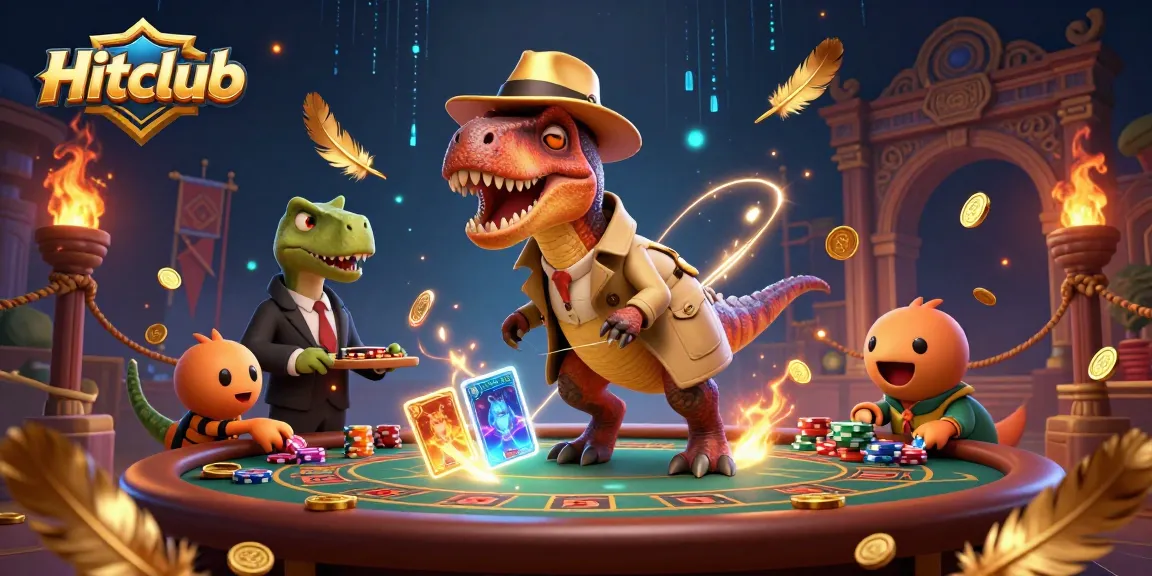 Hitclub features a cartoon velociraptor card counter and stegosaurus pit boss in an exciting casino scene.