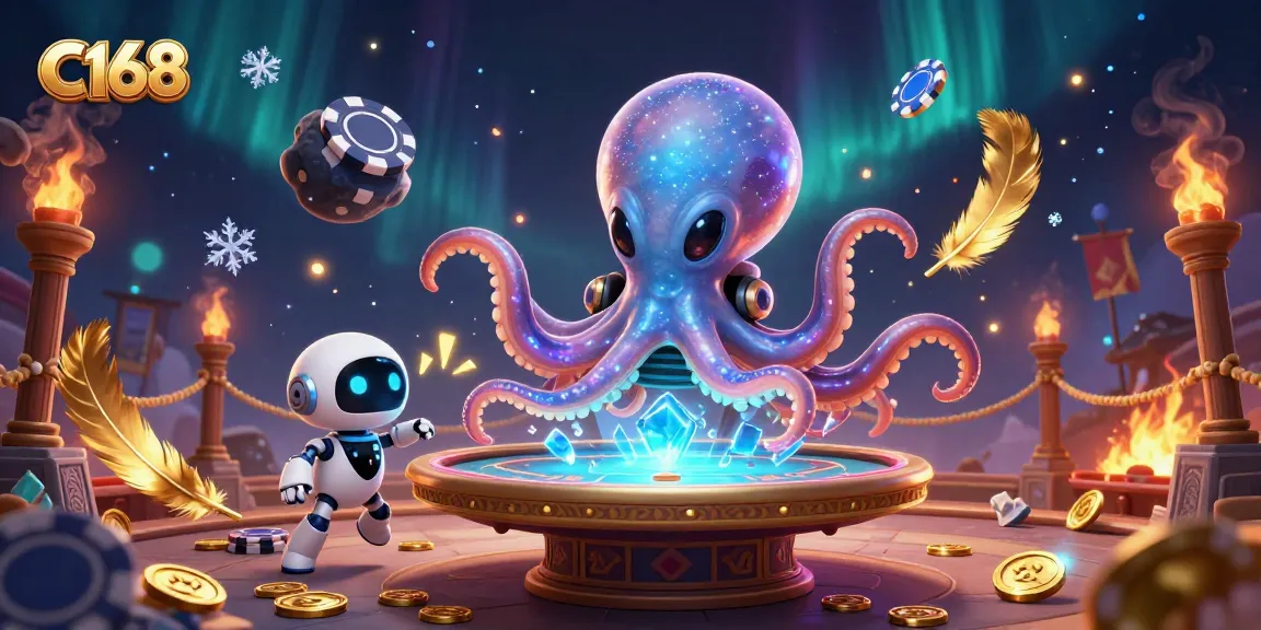 C168’s vibrant cosmic casino scene features an alien octopus at a holographic poker table, bringing excitement to gambling.