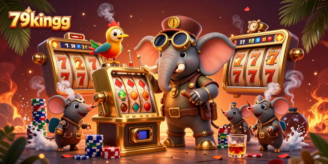 79kingg showcases a steampunk elephant operating a golden slot machine amidst vibrant casino elements.