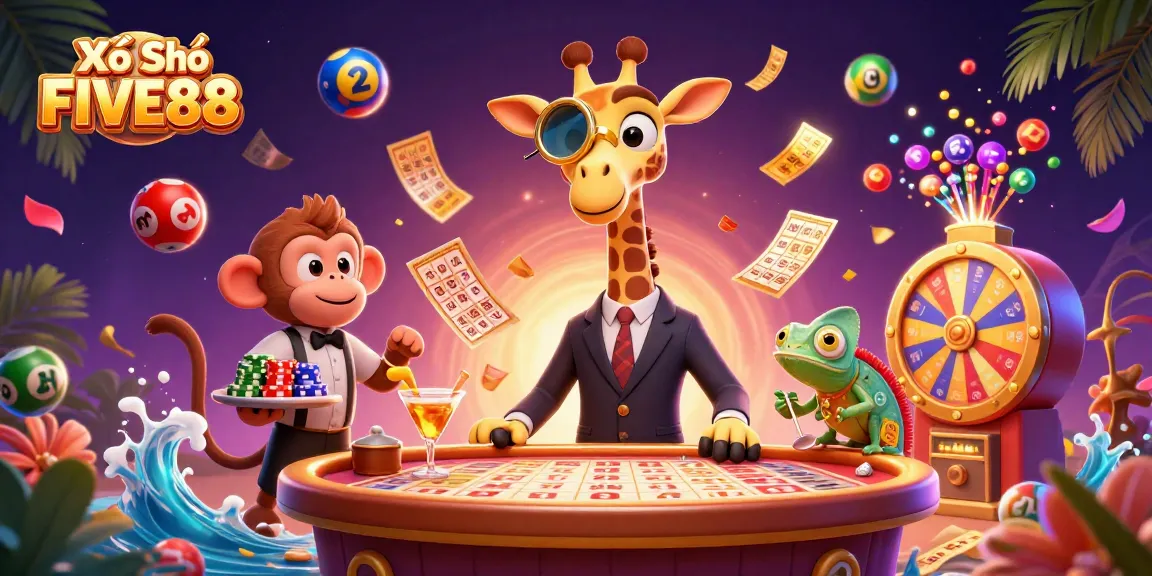 Experience winning excitement with Xổ Số FIVE88's dynamic lottery-themed illustration featuring vibrant elements and characters.