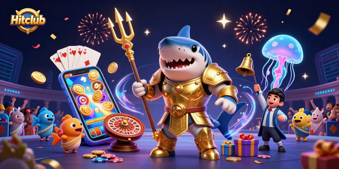 Hitclub showcases exciting gaming action with a 3D shark and vibrant casino elements in an underwater colosseum.