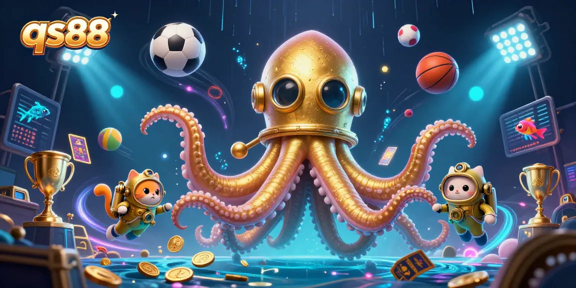 Engage with qs88's thrilling games featuring a kraken and diving cat in an immersive casino scene.