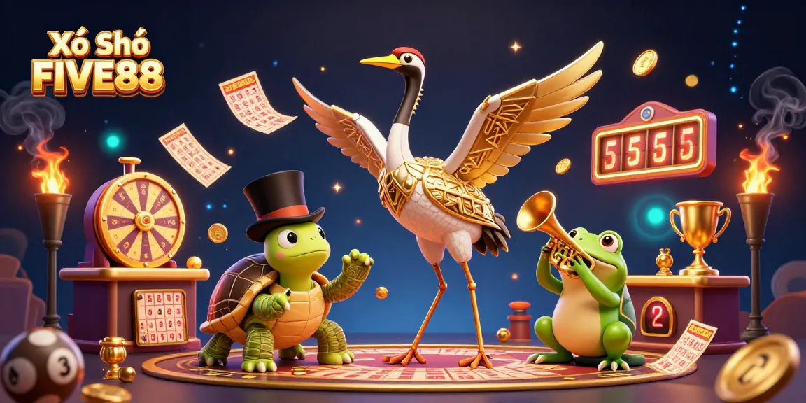 Xổ Số FIVE88 lottery scene featuring exciting characters and dynamic game elements.