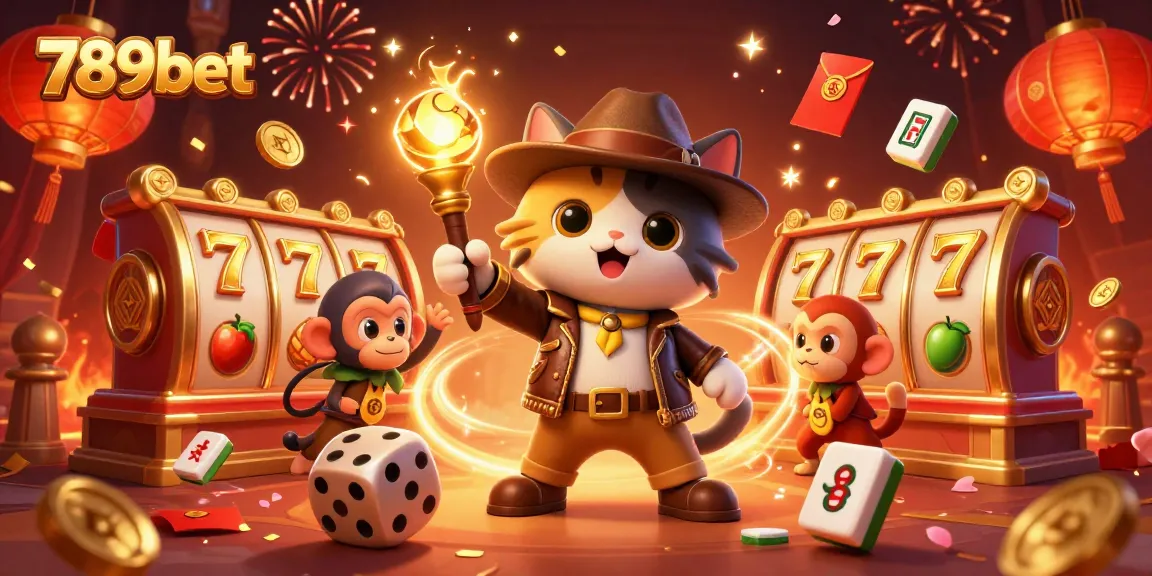 Experience thrilling gameplay with 789bet, where a cartoon explorer cat finds a golden casino artifact surrounded by dynamic slot symbols.