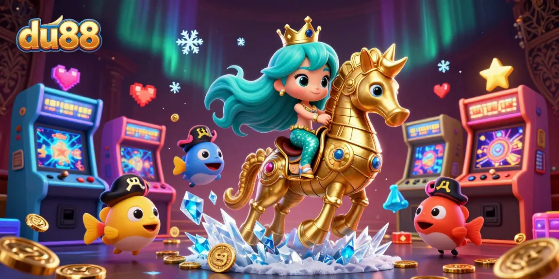 Engage in fun games at du88 with a vivid 3D casino scene featuring mermaid characters and arcade elements.