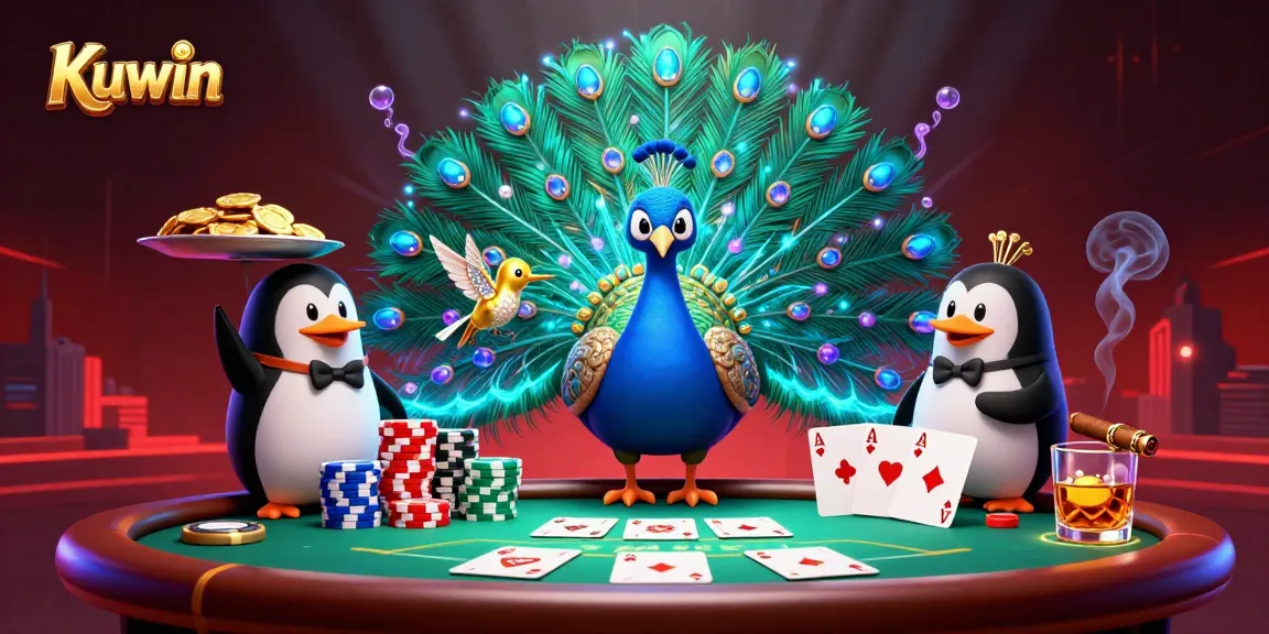 Kuwin offers a vibrant scene with a peacock, penguin, and hummingbird at a poker table surrounded by colorful chips.