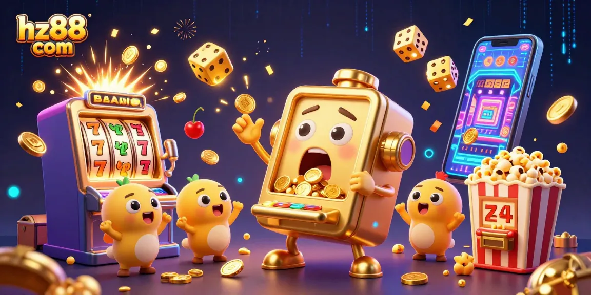 Spin to win at hz88 com as the golden slot machine hits a jackpot, surrounded by cheering baby slots and sparkles.