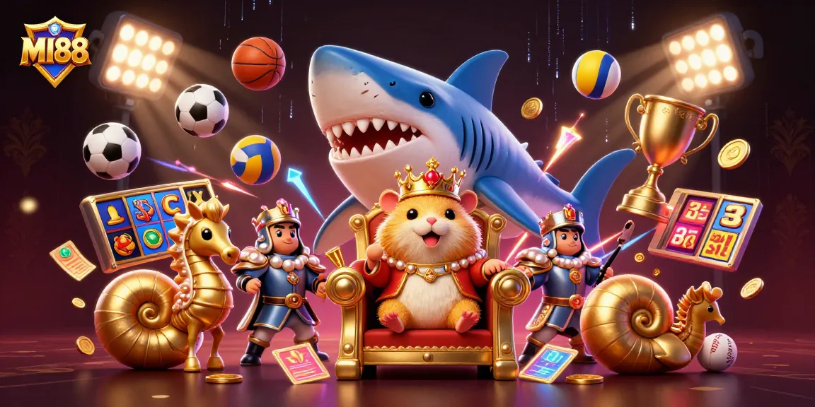 Experience exciting MI88 online gambling with a golden hamster king surrounded by dynamic casino elements.