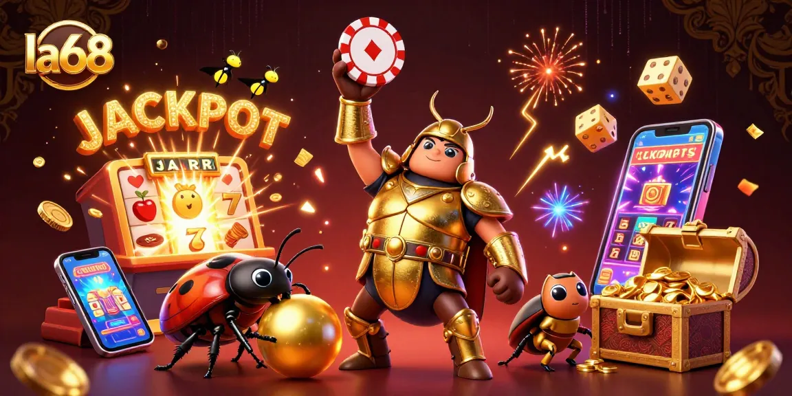 Win big with la68's jackpot scene featuring vibrant game elements and cheerful characters.