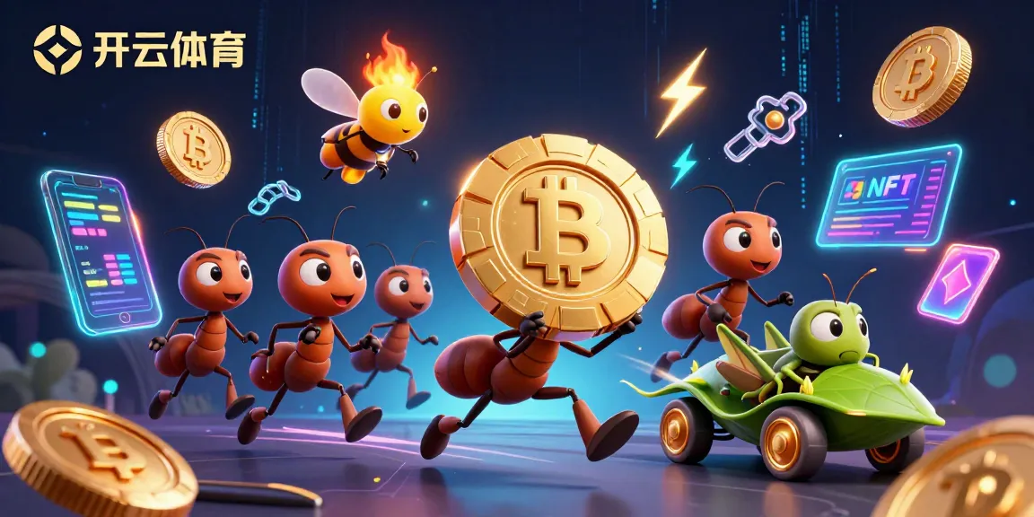 Experience thrilling action at 开云体育 with a heist scene featuring ants, crypto coins, and vibrant casino elements.