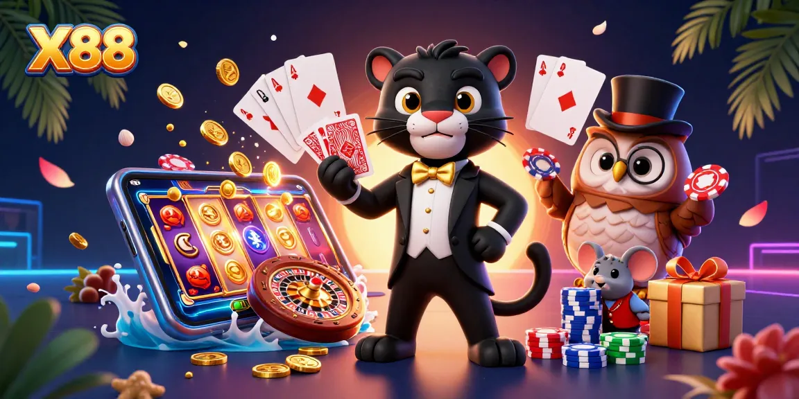 X88 showcases a vibrant casino scene featuring a panther dealer and fun characters, engaging bettors with lively gaming.