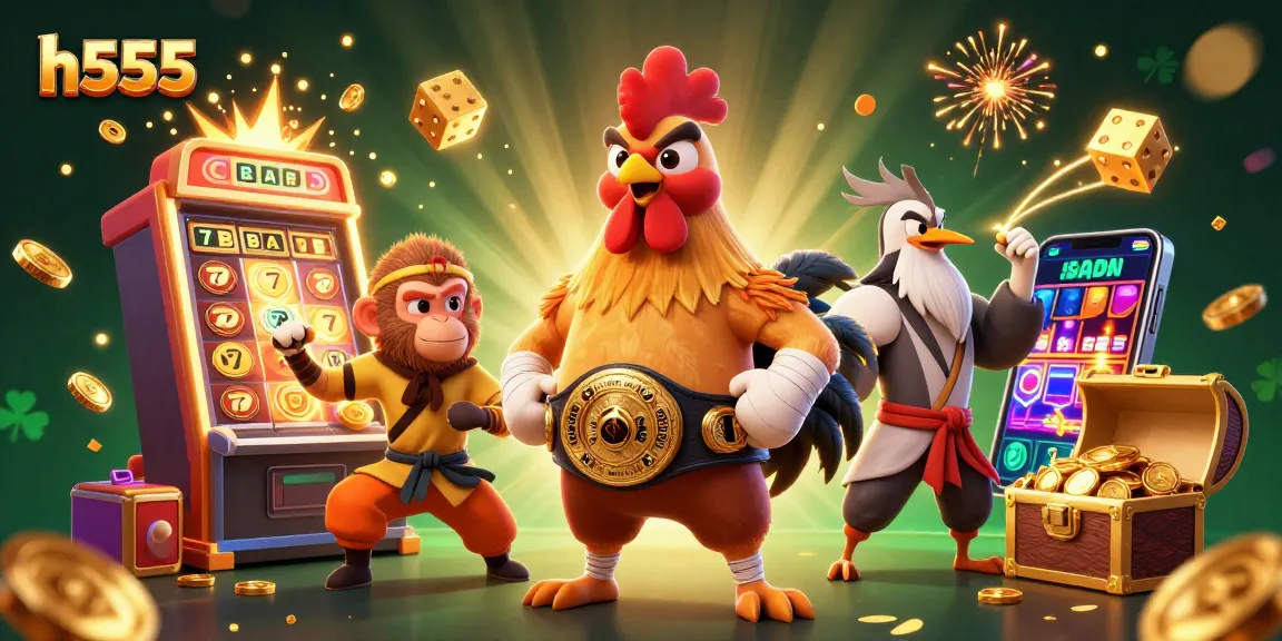Win big with h555: a vibrant slot machine scene showcasing casino excitement and dynamic characters.