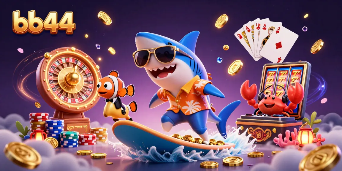 bb44 celebrates big wins with a cartoon shark surfing gold coins and vibrant casino elements