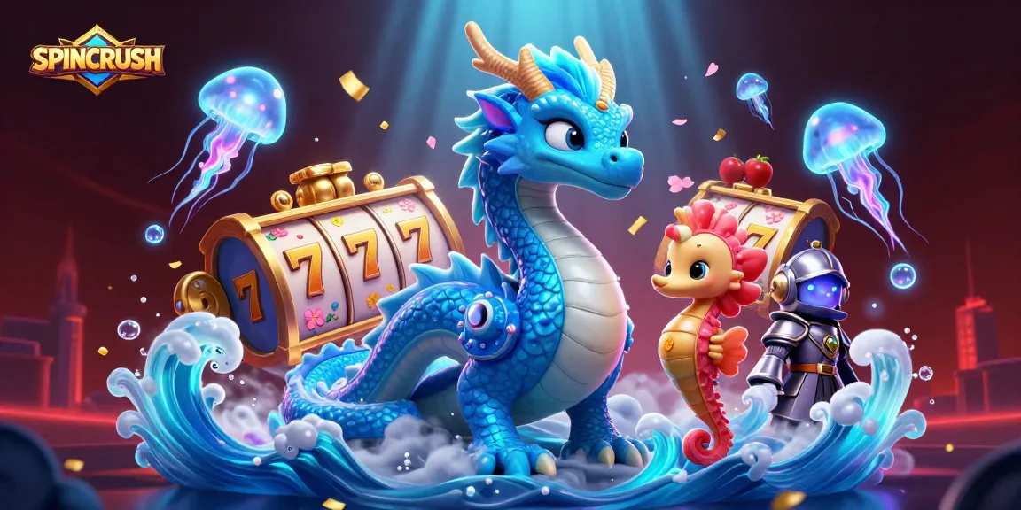 Engage in exhilarating gameplay with SPINCRUSH's vibrant casino theme featuring an azure dragon and slots.