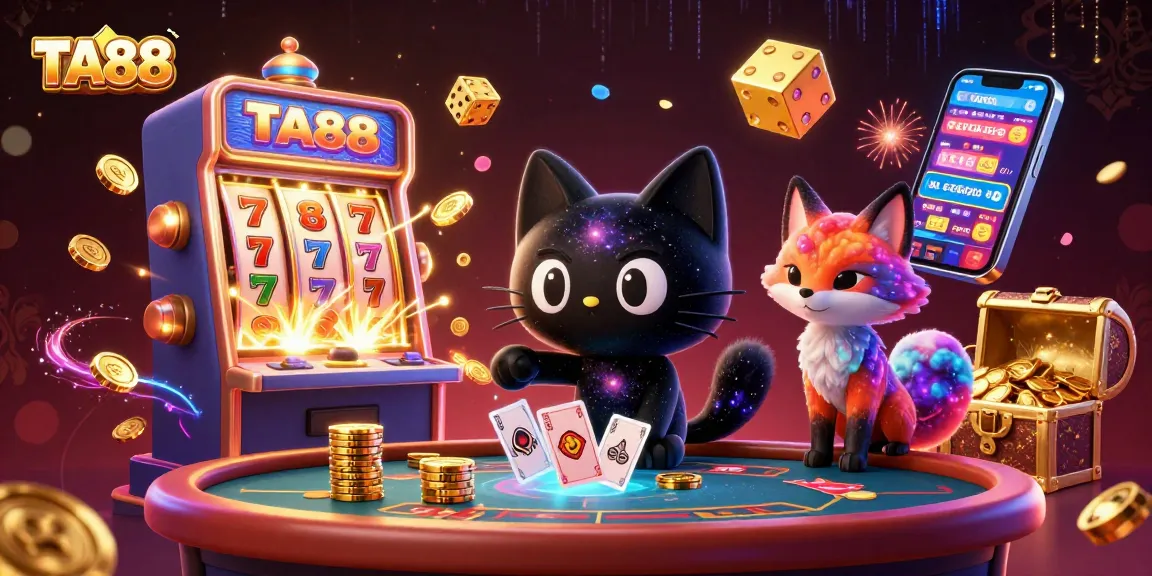 TA88 captivating casino scene with a black hole cat and galaxy fox amidst exploding slot machine riches.