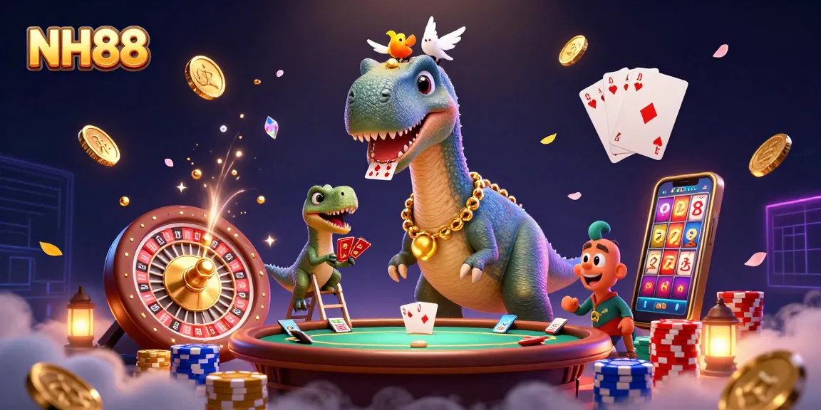 NH88 showcases an engaging 3D illustration of a brontosaurus interacting with a poker scene, exemplifying fun in gambling.