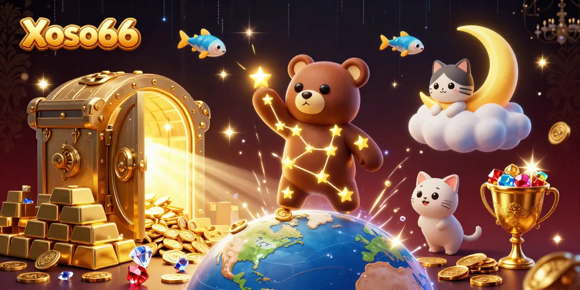 Xoso66 offers thrilling lottery gameplay with sparkling coins and treasures surrounding 3D characters in a vibrant scene.