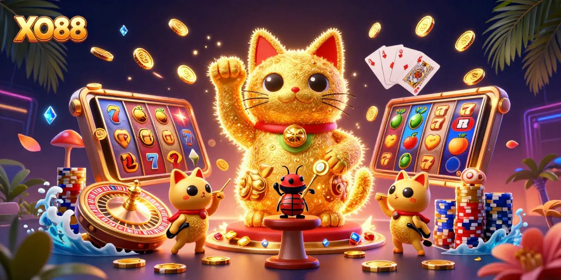 Experience the thrill of winning with XO88, featuring a colorful lucky cat amidst dynamic casino elements.