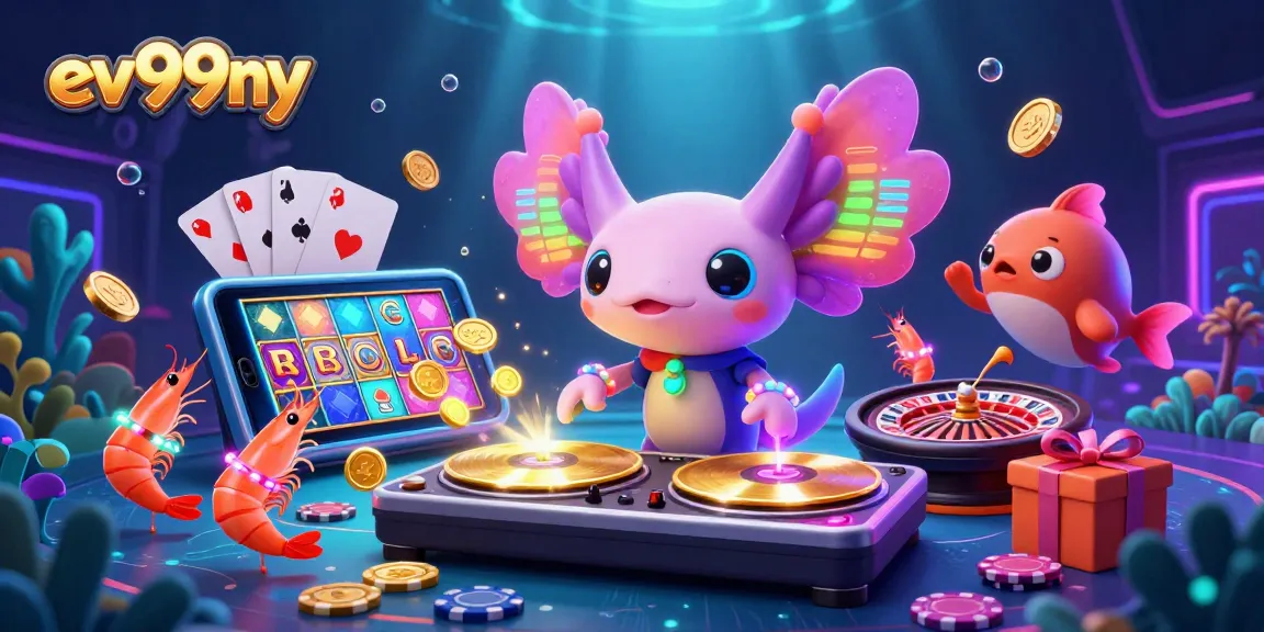 Experience ev99ny's thrilling online casino atmosphere featuring exciting games and energetic characters.